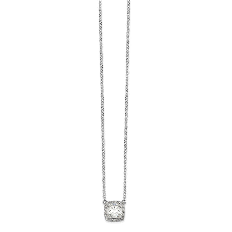 Sterling Silver Rhodium-Plated Square Cz Halo W/1In Ext Necklace