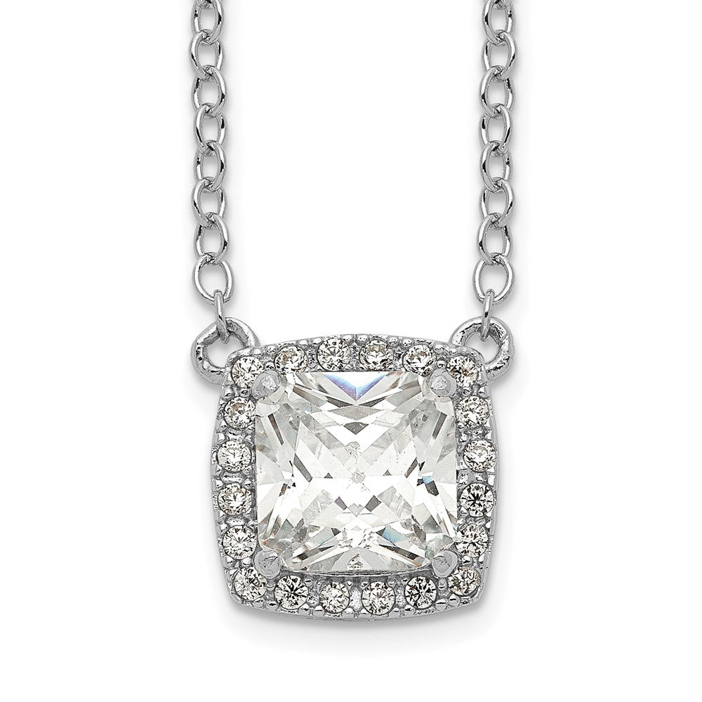 Sterling Silver Rhodium-Plated Square Cz Halo W/1In Ext Necklace