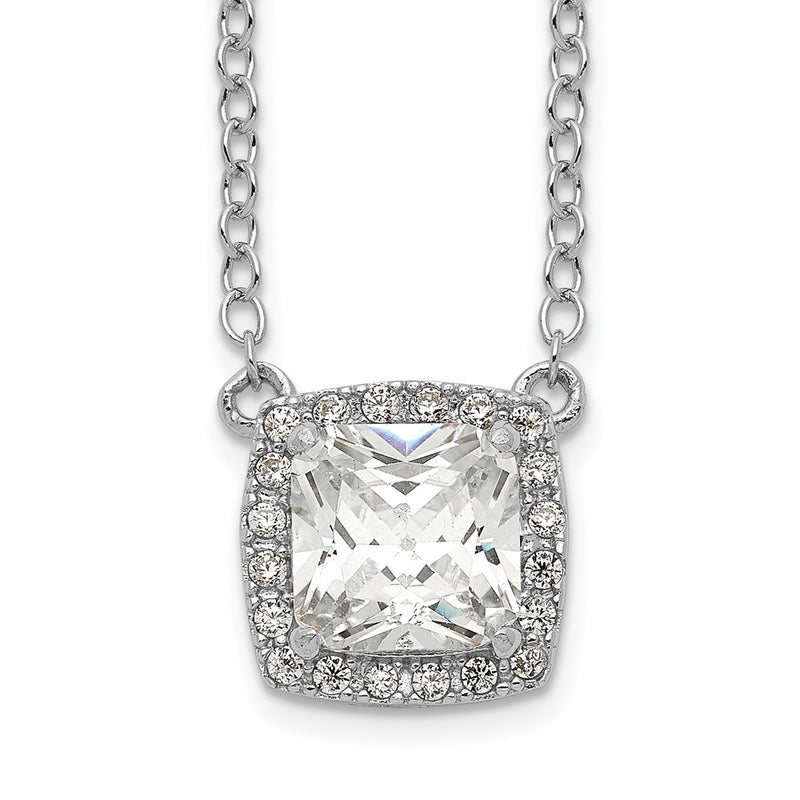 Sterling Silver Rhodium-Plated Square Cz Halo W/1In Ext Necklace