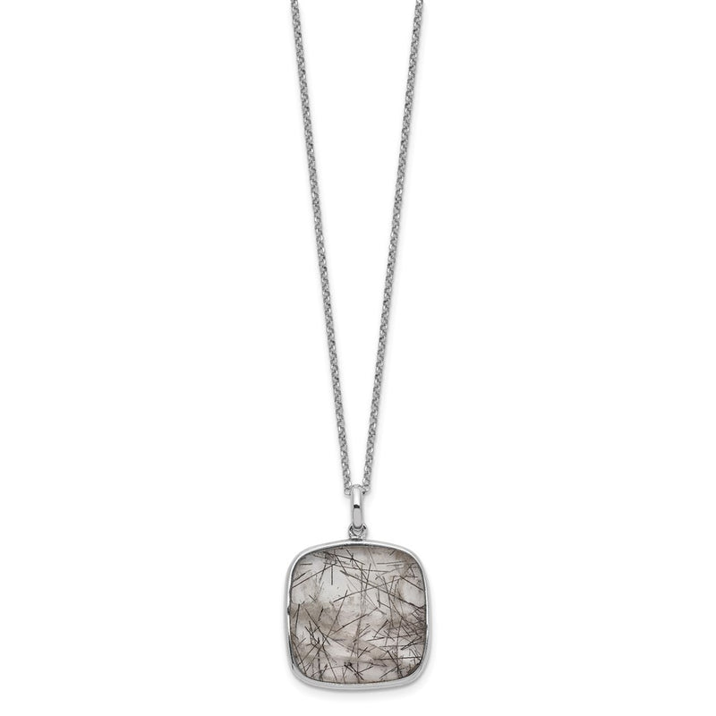 Sterling Silver Rhodium-Plated Square Black Rutilated Quartz Necklace