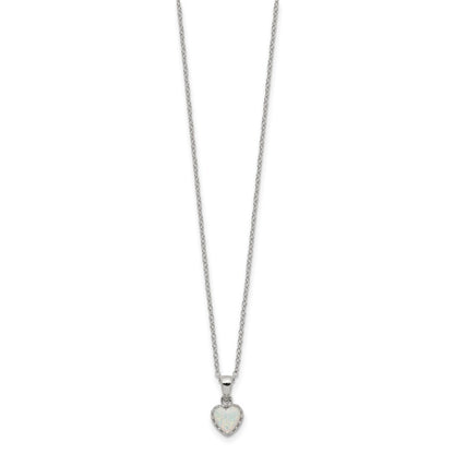 Sterling Silver Rhodium-Plated Polish Heart Created Opal Necklace