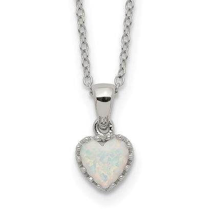 Sterling Silver Rhodium-Plated Polish Heart Created Opal Necklace
