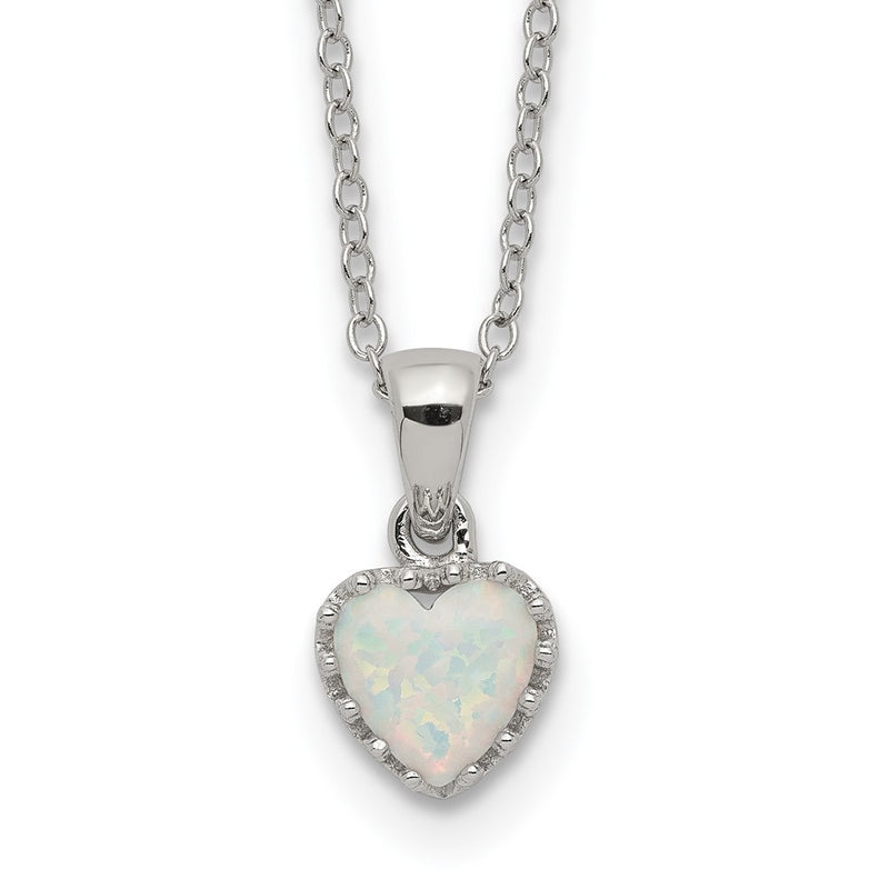 Sterling Silver Rhodium-Plated Polish Heart Created Opal Necklace