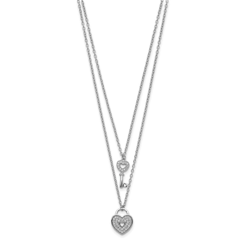Sterling Silver Rhodium-Plated Cz Heart Lock/Key W/2In Ext Necklace
