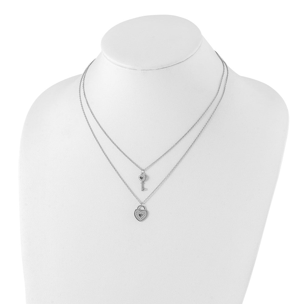 Sterling Silver Rhodium-Plated Cz Heart Lock/Key W/2In Ext Necklace