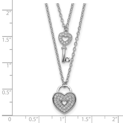 Sterling Silver Rhodium-Plated Cz Heart Lock/Key W/2In Ext Necklace