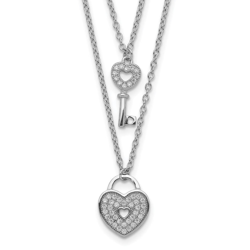 Sterling Silver Rhodium-Plated Cz Heart Lock/Key W/2In Ext Necklace