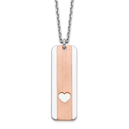 Sterling Silver Rh-Plated Dogtag W/Rose-Tone Heart W/1.25In Ext Necklace