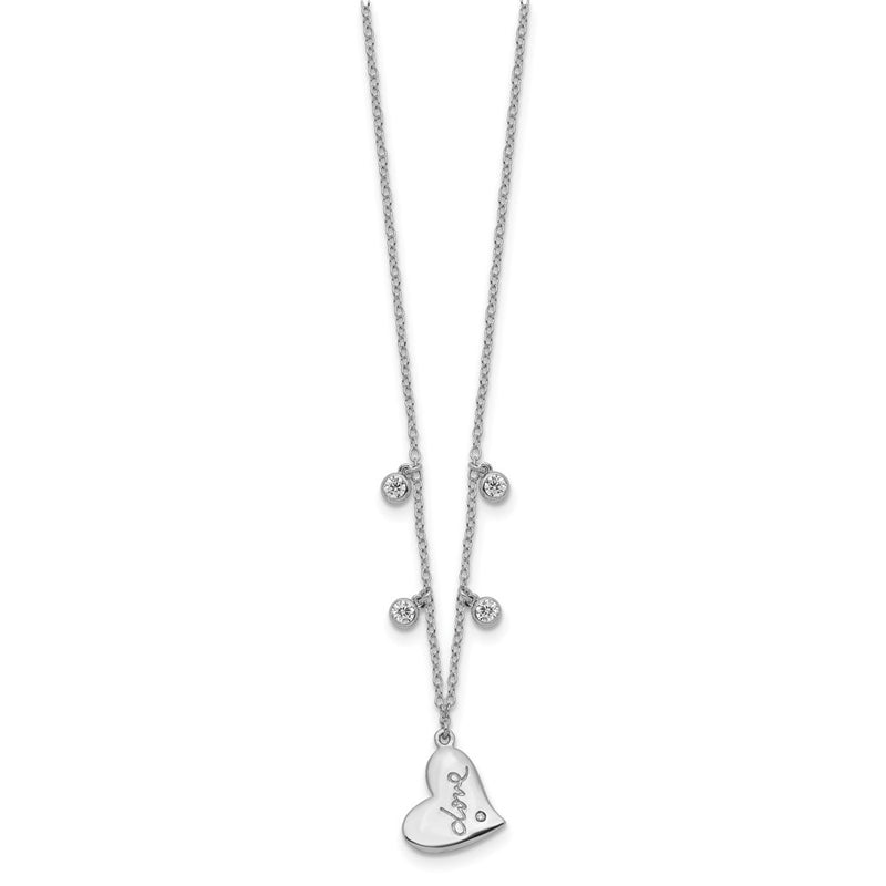 Sterling Silver Rhodium-Plated Cz Love Heart W/2In Ext Necklace