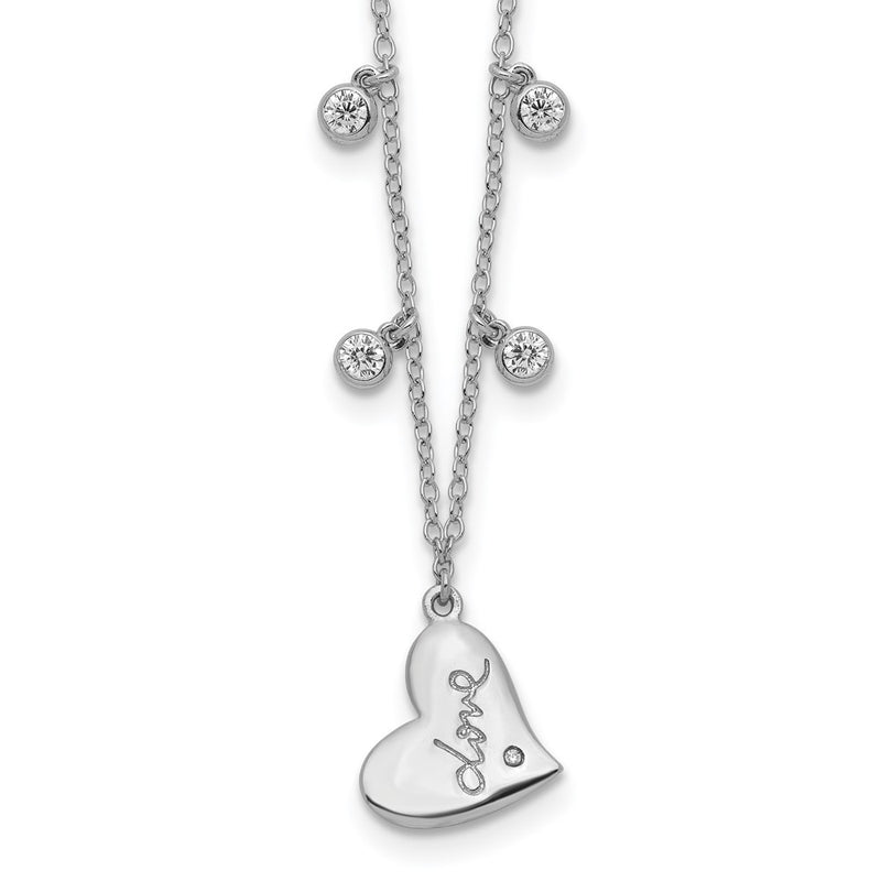 Sterling Silver Rhodium-Plated Cz Love Heart W/2In Ext Necklace