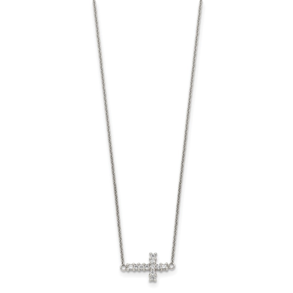 Sterling Silver 18In Cz Sideways Cross Necklace