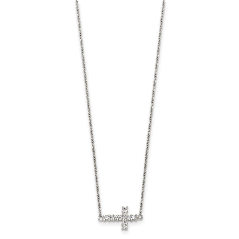 Sterling Silver 18In Cz Sideways Cross Necklace