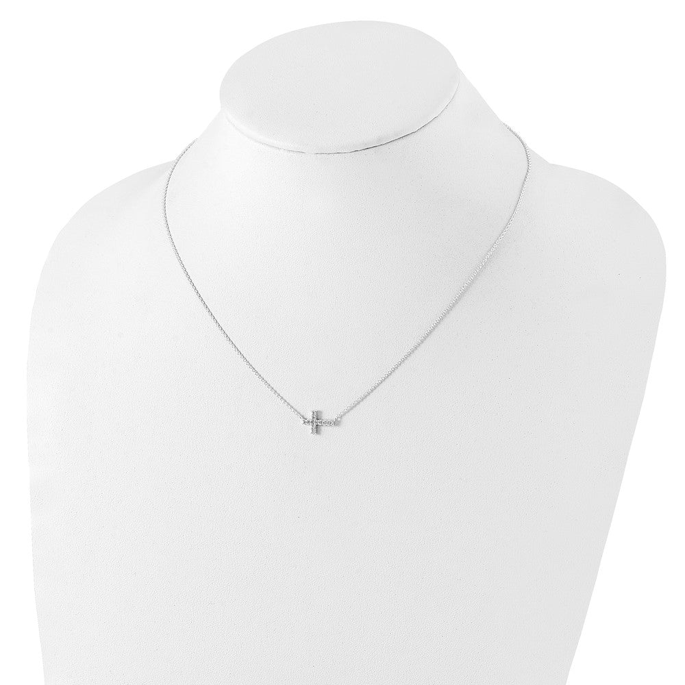 Sterling Silver 18In Cz Sideways Cross Necklace