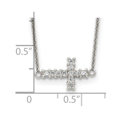 Sterling Silver 18In Cz Sideways Cross Necklace