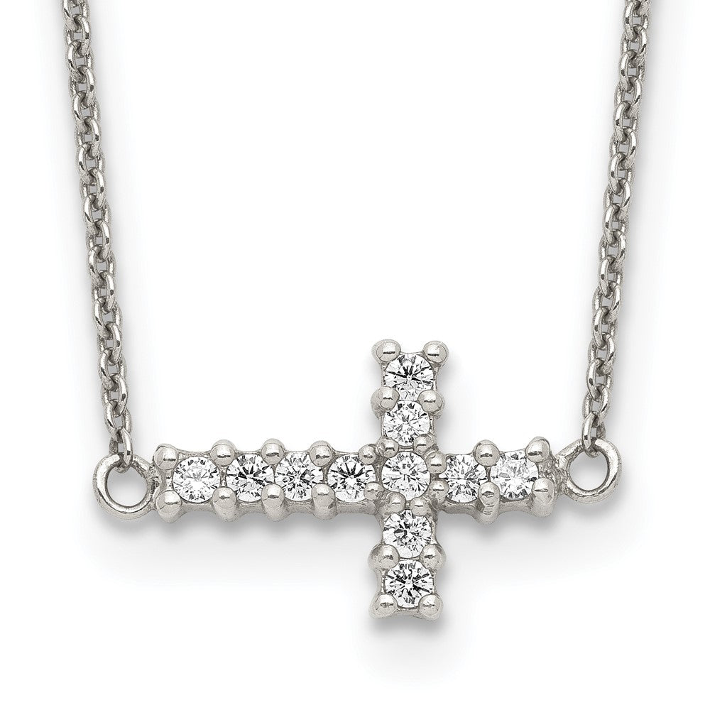 Sterling Silver 18In Cz Sideways Cross Necklace