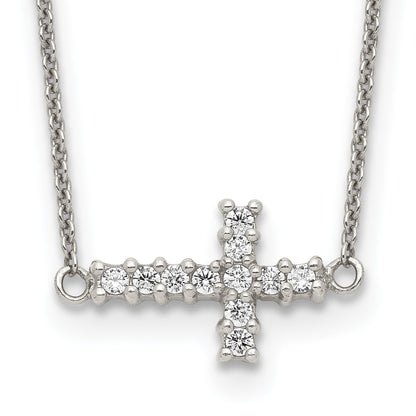Sterling Silver 18In Cz Sideways Cross Necklace