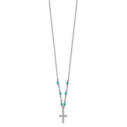 Sterling Silver Rh-Plated Cz Cross Synth. Turquoise 2In Ext Necklace