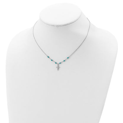 Sterling Silver Rh-Plated Cz Cross Synth. Turquoise 2In Ext Necklace
