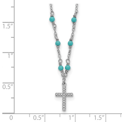 Sterling Silver Rh-Plated Cz Cross Synth. Turquoise 2In Ext Necklace