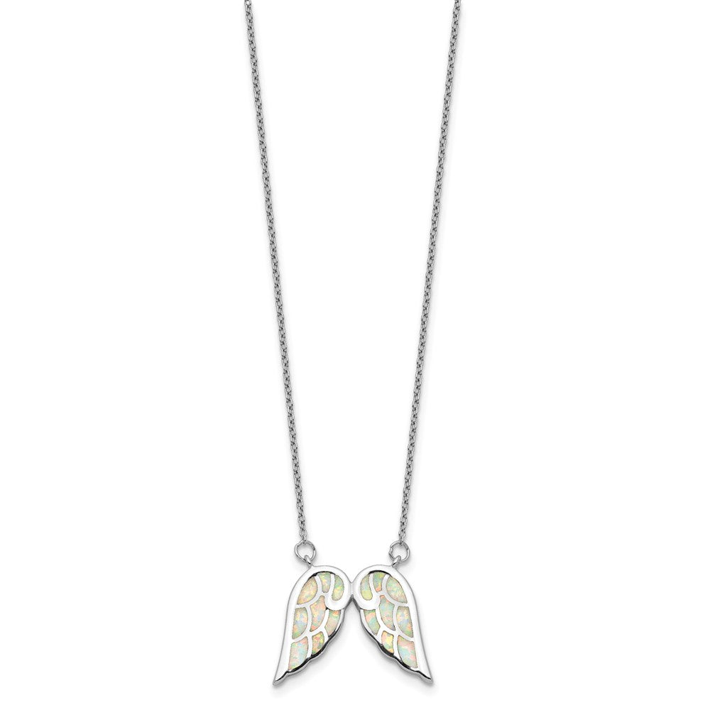 Sterling Silver Rhod-Plated Created Opal Wings W/1.5In Ext Necklace