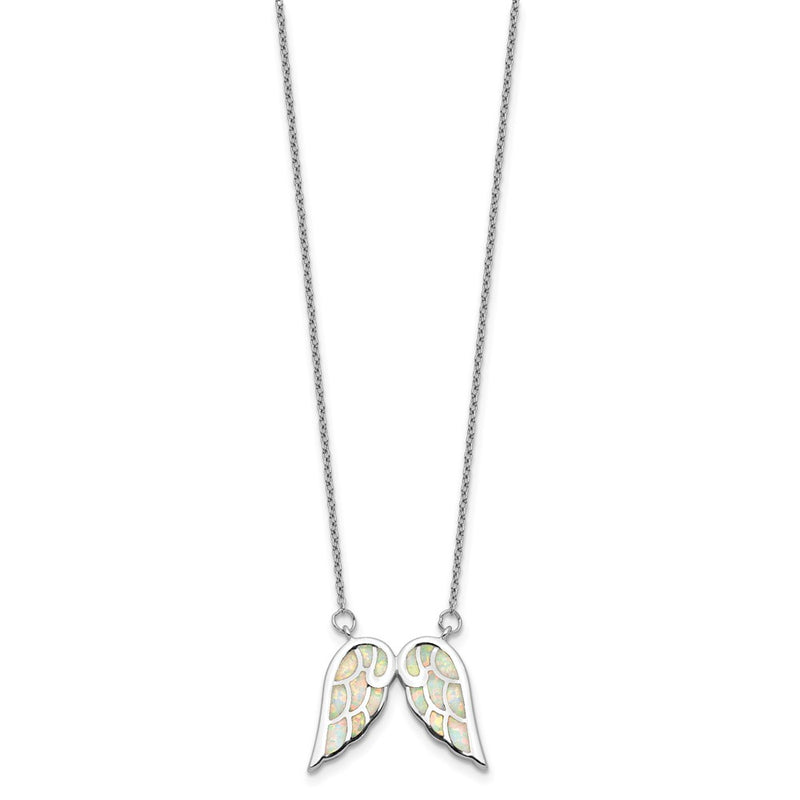 Sterling Silver Rhod-Plated Created Opal Wings W/1.5In Ext Necklace
