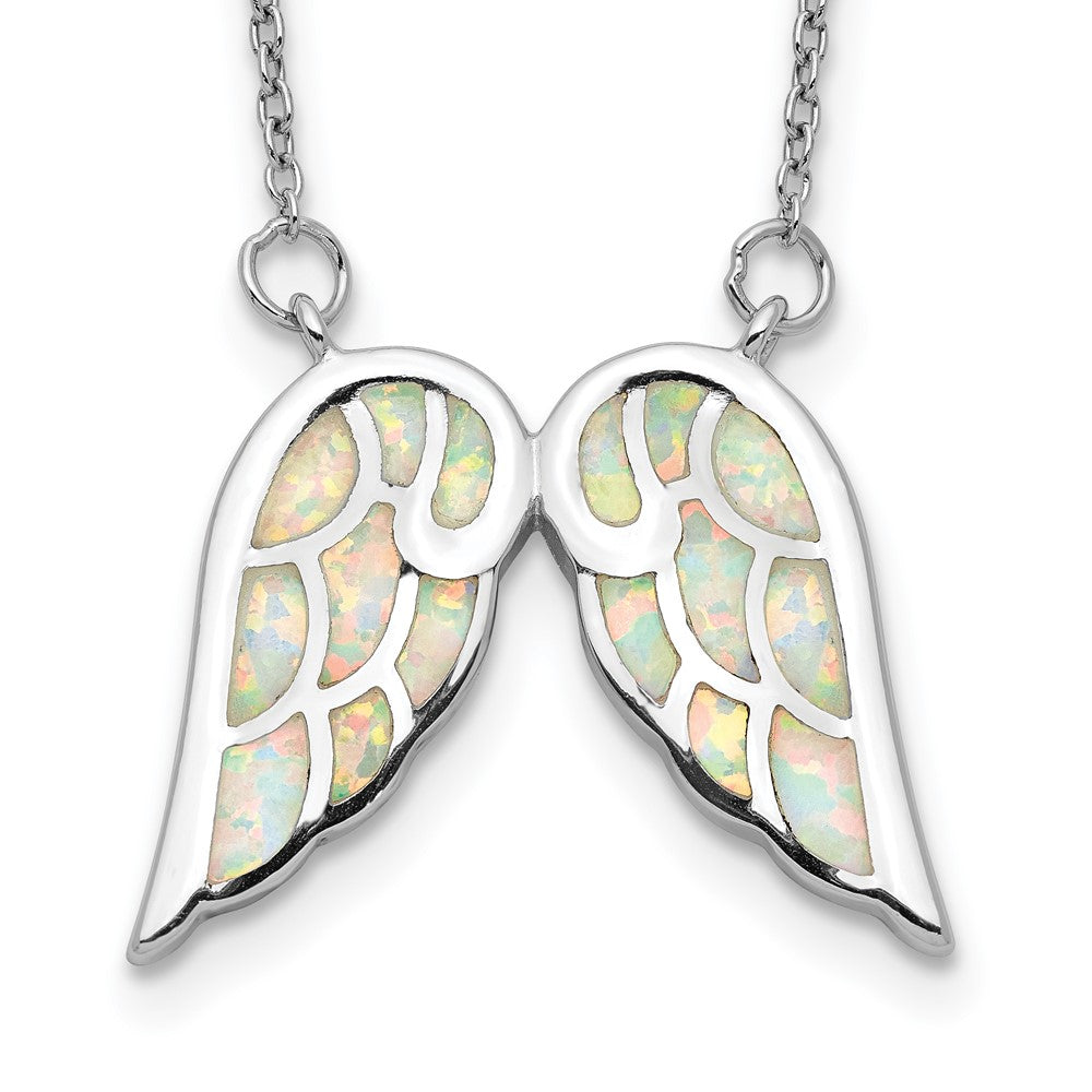 Sterling Silver Rhod-Plated Created Opal Wings W/1.5In Ext Necklace