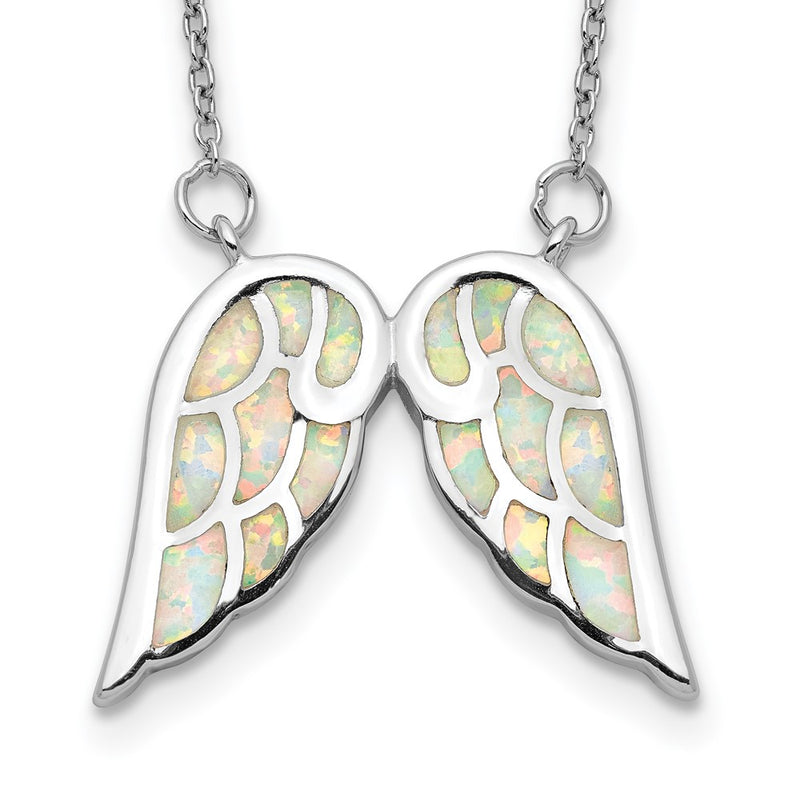 Sterling Silver Rhod-Plated Created Opal Wings W/1.5In Ext Necklace