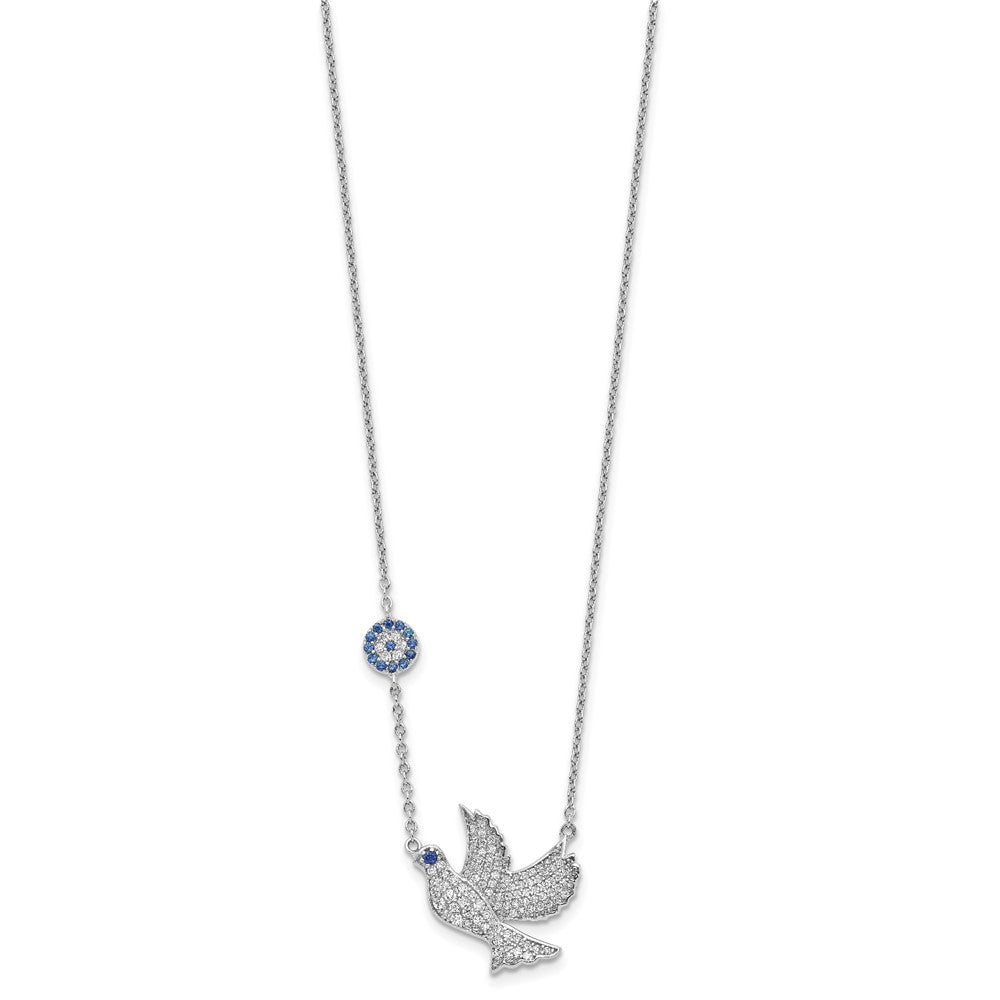 Sterling Silver Rhodium-Plated Blue And Clear Cz Dove 16 Inch Necklace With 2 Extension