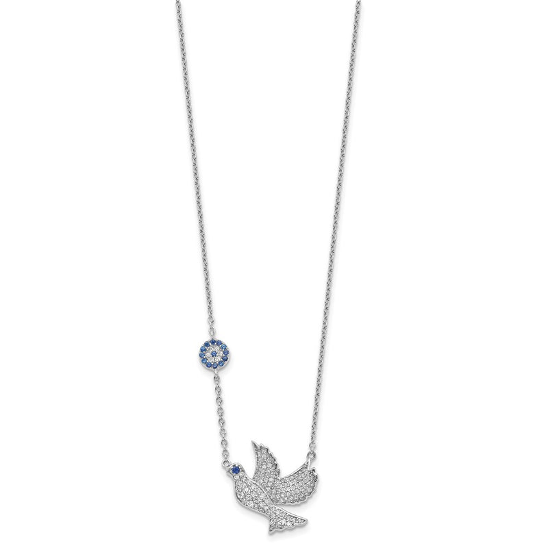 Sterling Silver Rhodium-Plated Blue And Clear Cz Dove 16 Inch Necklace With 2 Extension