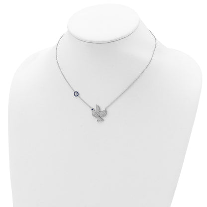 Sterling Silver Rhodium-Plated Blue And Clear Cz Dove 16 Inch Necklace With 2 Extension