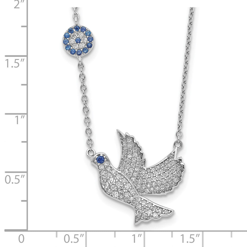 Sterling Silver Rhodium-Plated Blue And Clear Cz Dove 16 Inch Necklace With 2 Extension