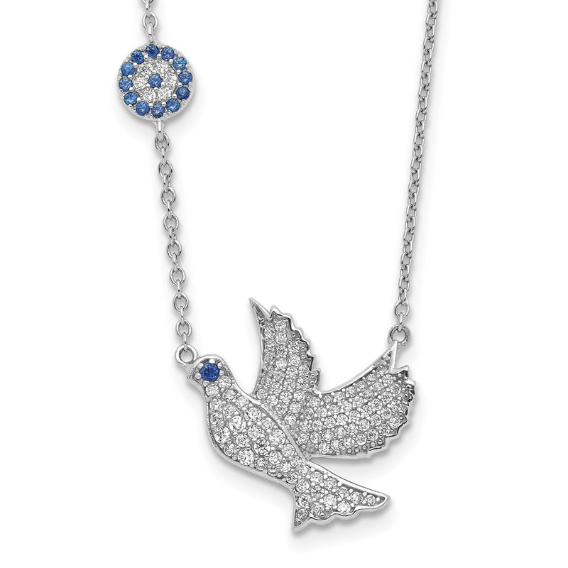 Sterling Silver Rhodium-Plated Blue And Clear Cz Dove 16 Inch Necklace With 2 Extension