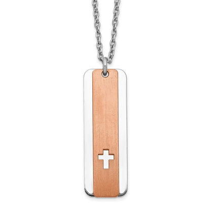 Sterling Silver Rh-Plated Dogtag W/Rose-Tone Cross W/1.25In Ext Necklace