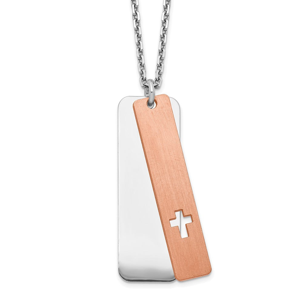 Sterling Silver Rh-Plated Dogtag W/Rose-Tone Cross W/1.25In Ext Necklace