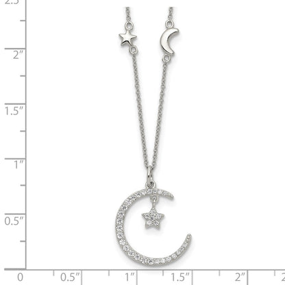 Sterling Silver Cz Moon And Star Necklace