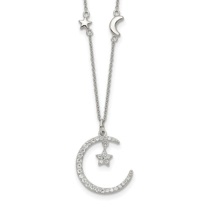 Sterling Silver Cz Moon And Star Necklace