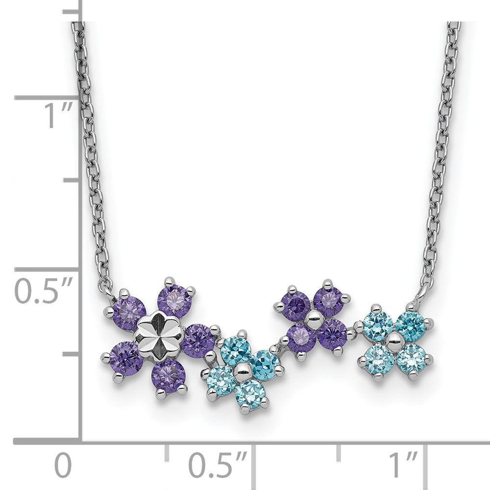 Sterling Silver Purple And Blue Cz Diamond-Cut Flower Necklace