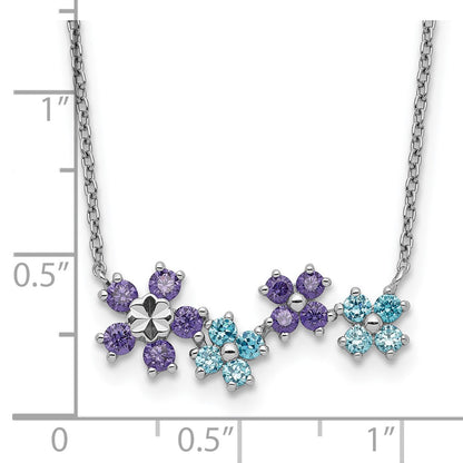 Sterling Silver Purple And Blue Cz Diamond-Cut Flower Necklace