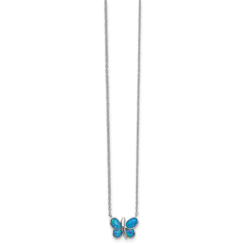 Sterling Silver Rhodium Plated Created Opal Butterfly Inlay Necklace