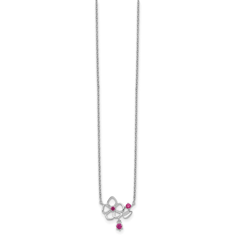 Sterling Silver Rhodium-Plated Pink Cz Flower W/2In. Ext. Necklace