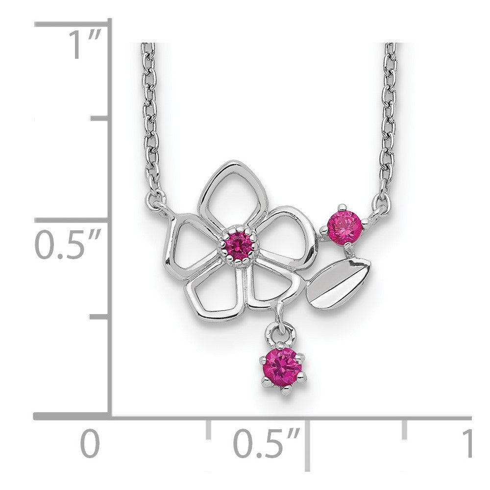 Sterling Silver Rhodium-Plated Pink Cz Flower W/2In. Ext. Necklace