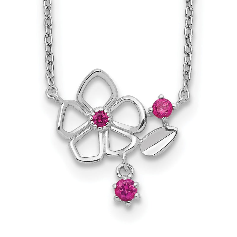 Sterling Silver Rhodium-Plated Pink Cz Flower W/2In. Ext. Necklace