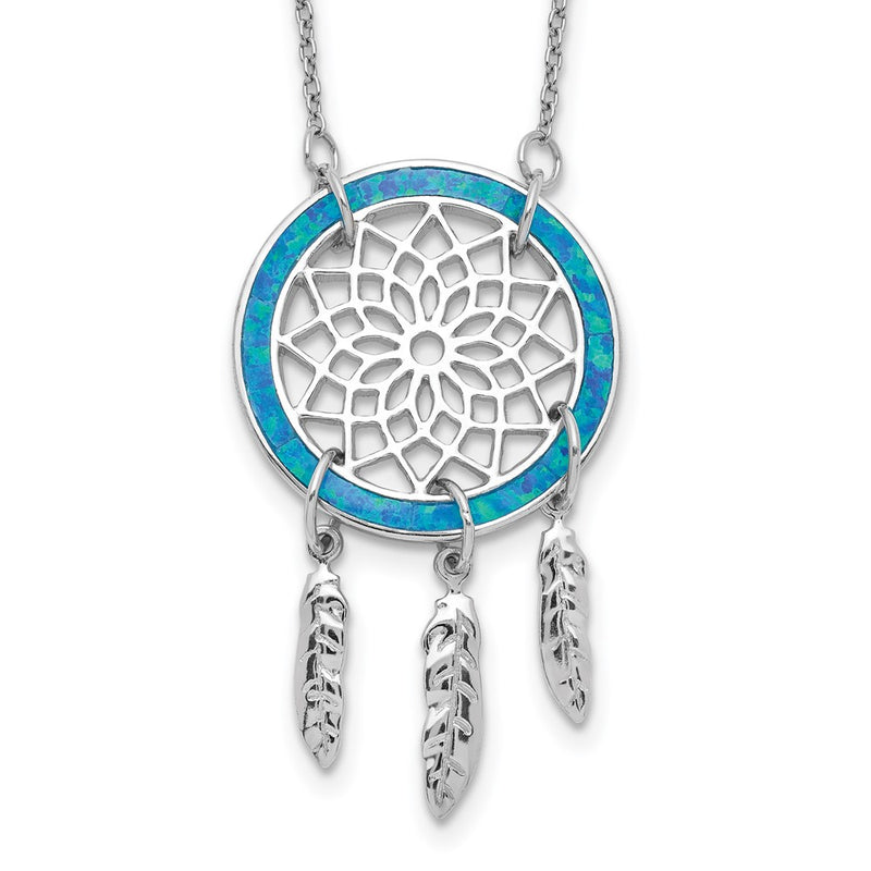 Sterling Silver Rhod-Pltd Created Opal Dreamcatcher W/2In Ext Necklace