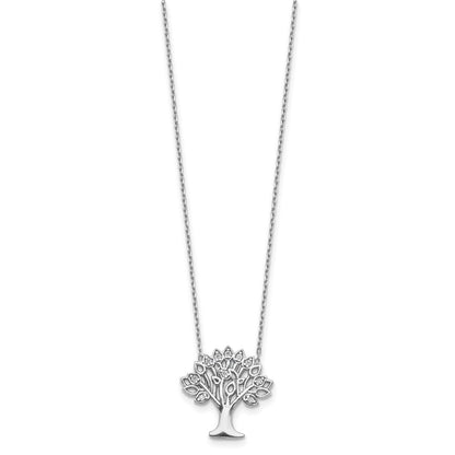 Sterling Silver Rhodium-Plated Cz Tree W/ 2In Ext. Necklace