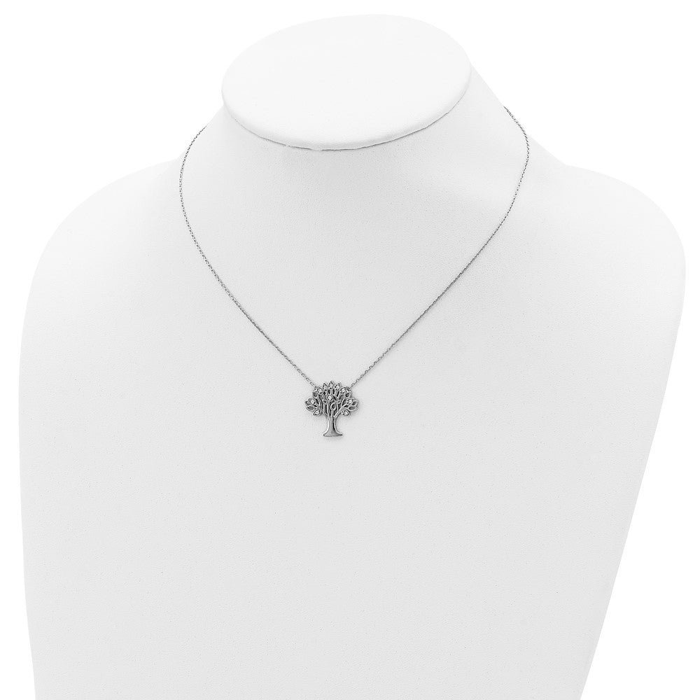 Sterling Silver Rhodium-Plated Cz Tree W/ 2In Ext. Necklace