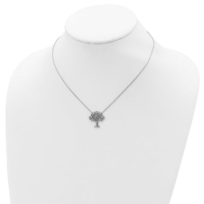 Sterling Silver Rhodium-Plated Cz Tree W/ 2In Ext. Necklace