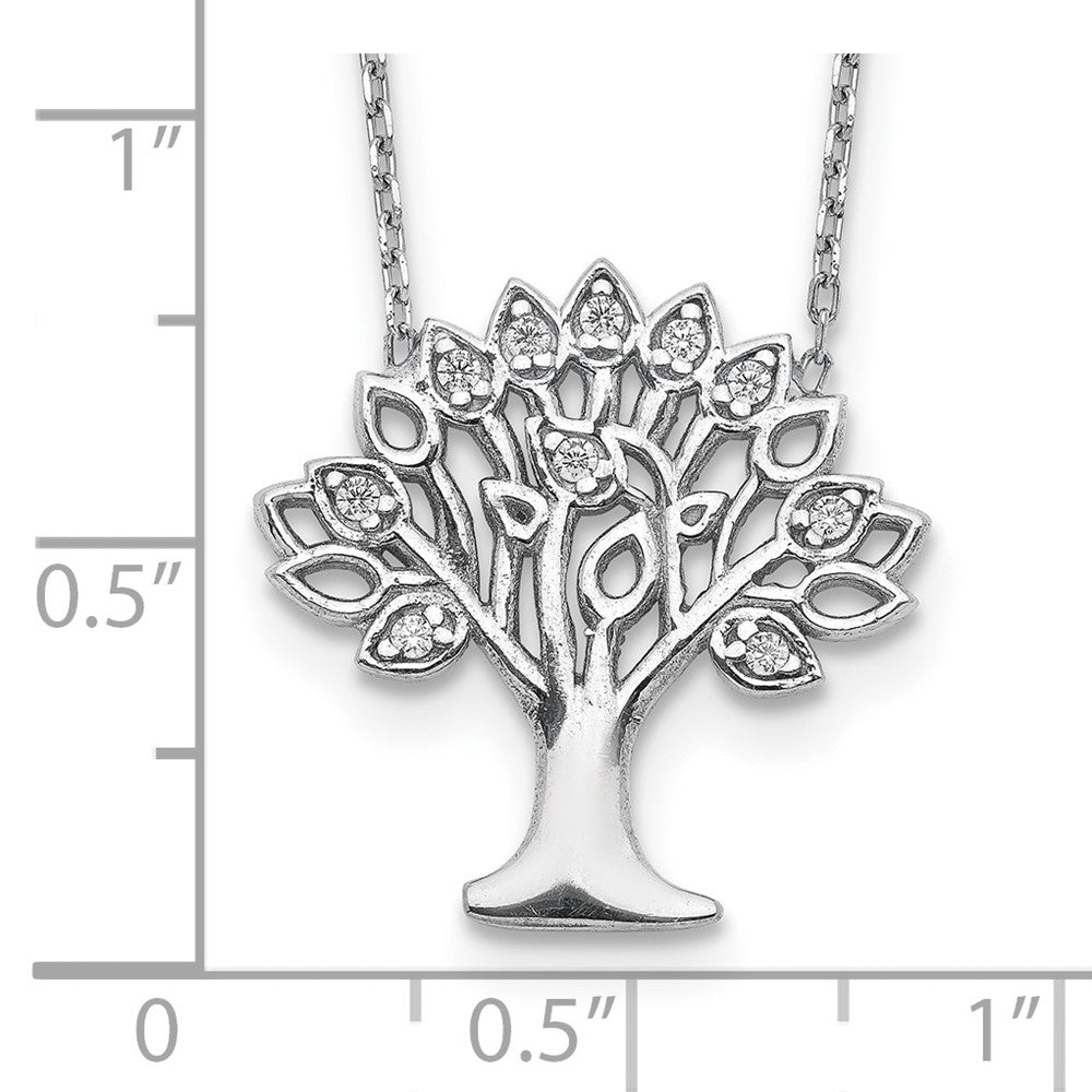 Sterling Silver Rhodium-Plated Cz Tree W/ 2In Ext. Necklace