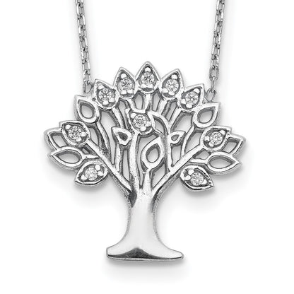 Sterling Silver Rhodium-Plated Cz Tree W/ 2In Ext. Necklace