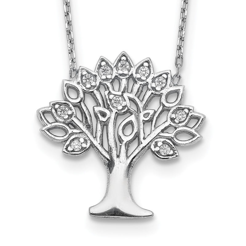 Sterling Silver Rhodium-Plated Cz Tree W/ 2In Ext. Necklace