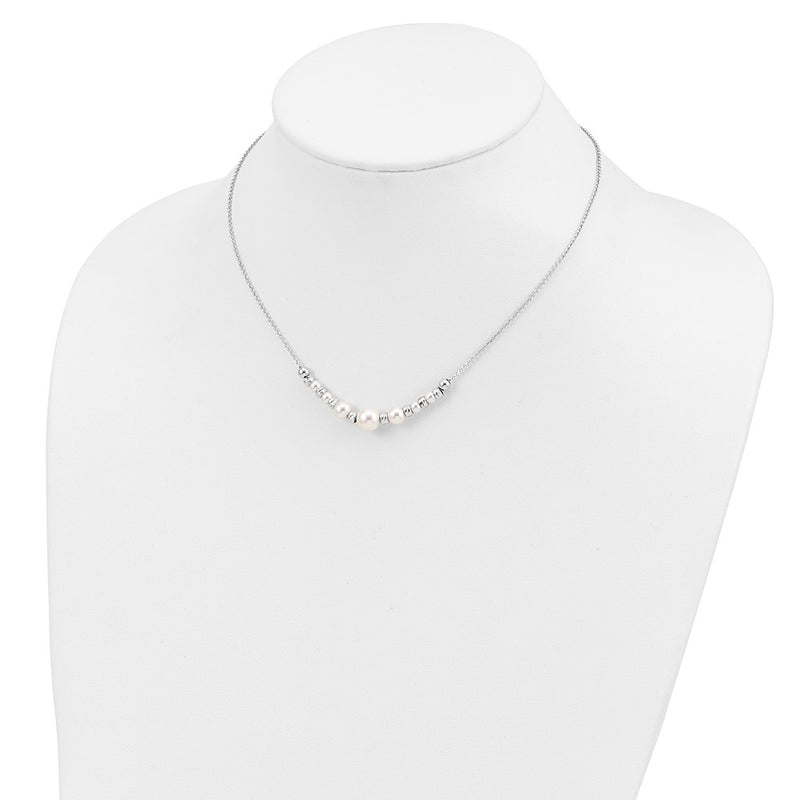 Sterling Silver Rh-Pltd Diamond-Cut Bead Glass Pearl W/2In Ext Necklace